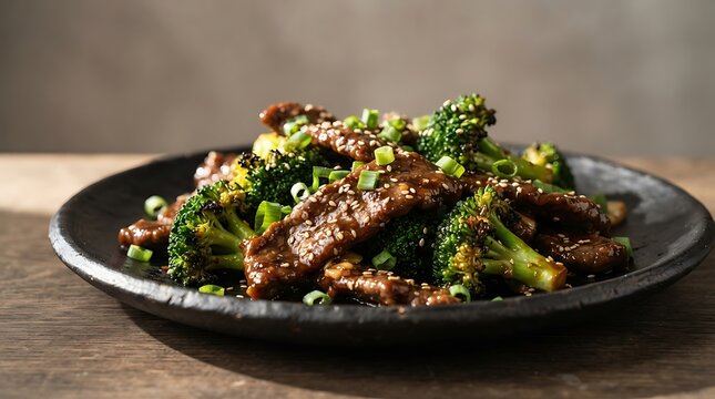 Stir fry beef with fresh green broccoli served on a dark plate for a healthy dinner meal.. mongolian beef
