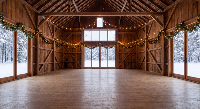 Spacious rustic wooden barn interior ready as wedding venue with large window light and timber beam hall