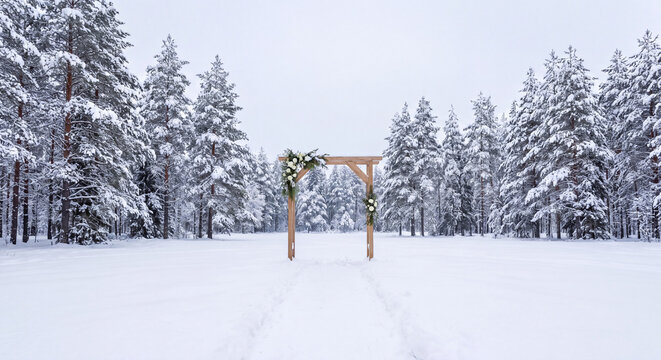 Scenic outdoor winter wedding ceremony arch set in snowy pine tree forest for romantic celebration