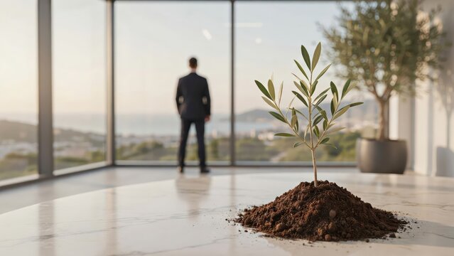 Businessman standing in a modern office looking at a small green plant in soil