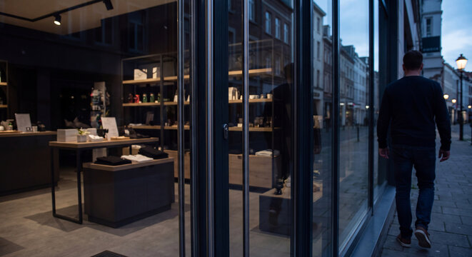 Exterior view of modern storefront window display reflecting city street architecture