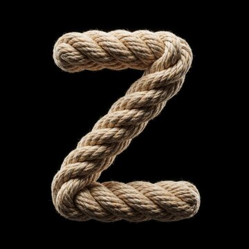Alphabet Z made from thick brown rope on black background. Twisted cotton cord forms letter Z symbol. Three dimensional nautical twine character isolated for typography design, maritime concept,