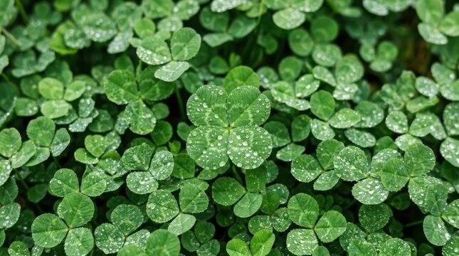 Fresh green clover leaves with water droplets and a rare four leaf clover in a nature garden setting