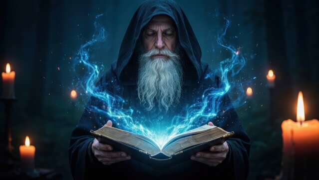 Wizard holding an open ancient book with glowing blue magical energy
