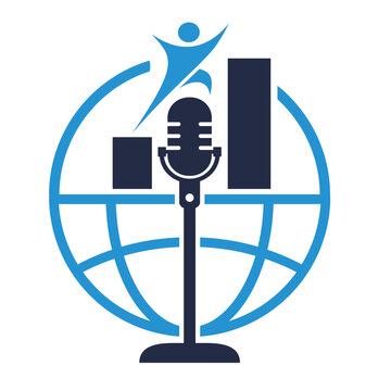 Globe with arrow up and microphone, suitable for podcast talk about motivation and progress to success. Logo design vector.