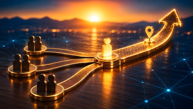 Golden upward pathway merging multiple employee teams into a central glowing leader towards a destination pin representing strategic business alignment