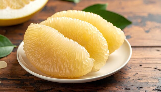 Peeled pomelo fruit pulp neatly stacked on a small white plate over a wooden background