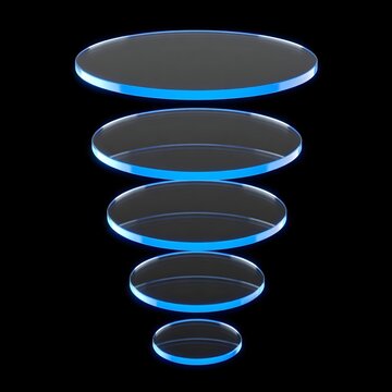 Funnel of glass discs with blue glow shrinking downward on black
