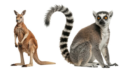 Fototapeta premium A cute brown kangaroo standing next to a ring tailed lemur sitting down and looking at the camera