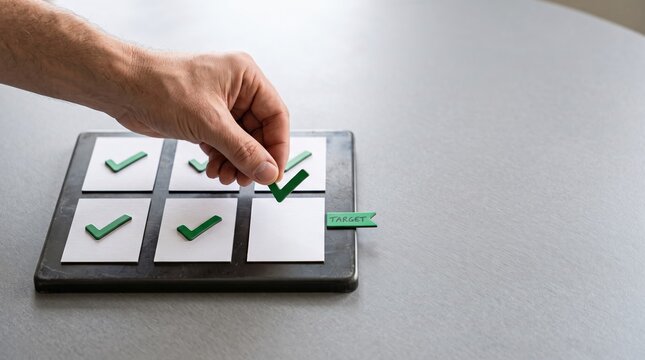 goal setting motivation evaluation. Hand placing a checkmark on a tablet screen displaying multiple checkboxes with green ticks.