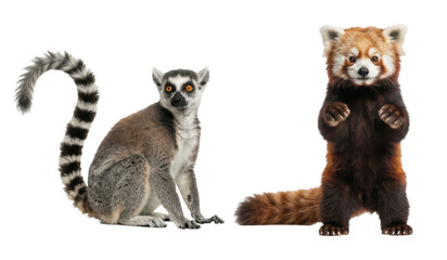Obraz premium A ring tailed lemur sitting next to a cute standing red panda looking at the camera on a plain surface