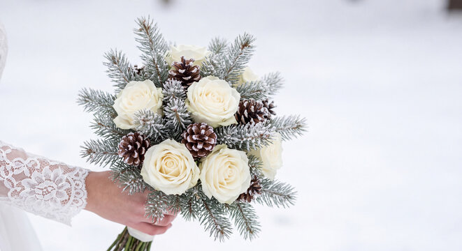 A happy bride holds a beautiful winter wedding bouquet of white roses and pine cones outdoors
