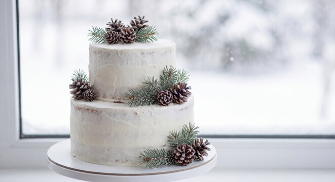 An elegant white tiered wedding cake decorated with rustic pine cones sits near a snowy window