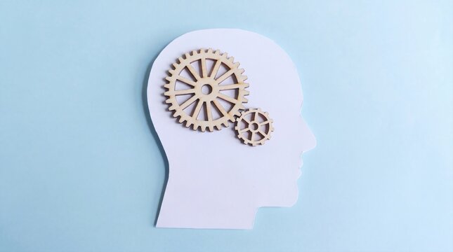 Conceptual human head silhouette, wooden gears inside brain, mental process