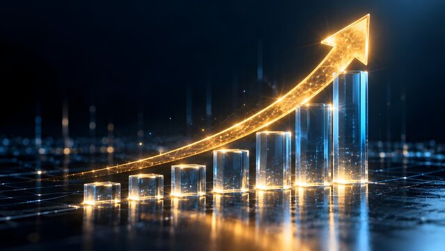 Golden glowing upward arrow representing business growth and financial success moving across a crystal glass bar chart on a dark reflective digital background with data particles and bokeh.