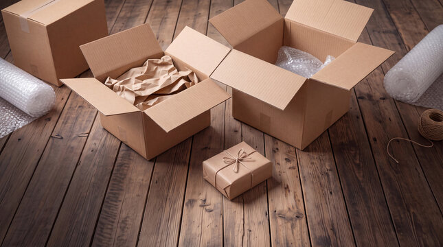 Open cardboard delivery boxes with packaging paper on rustic wooden floor ready for shipping