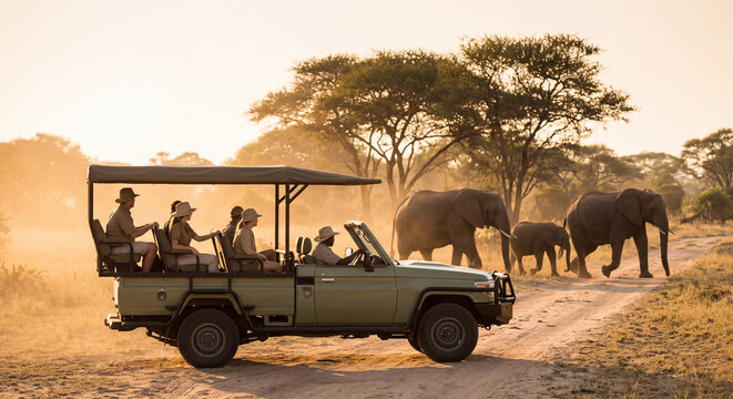 Tourists in an open safari vehicle watching a herd of wild elephants across the African savanna at sunset