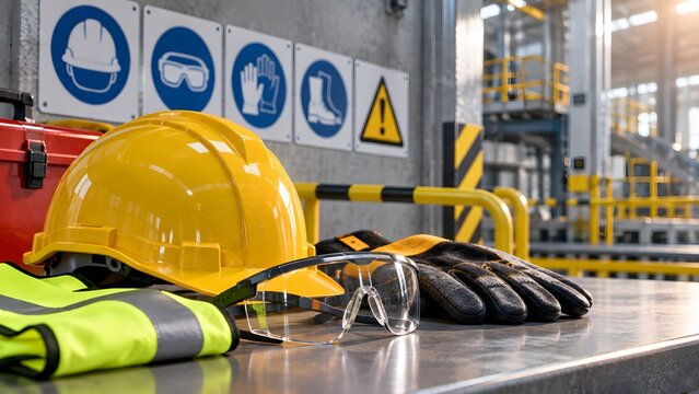 Industrial Safety Personal Protective Equipment with Yellow Hard Hat Safety Goggles High Visibility Vest and Work Gloves on Metal Table in Factory Workshop with Warning Signs Background