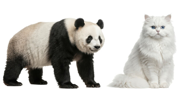 A giant panda bear and a fluffy white cat standing together as a collection of two wild and domestic animals