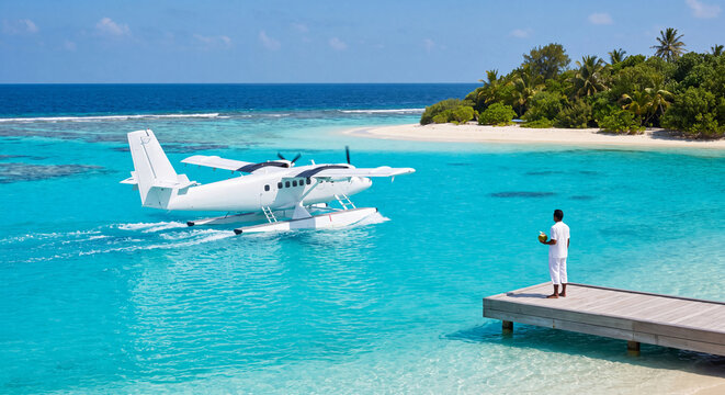 Seaplane landing on turquoise ocean near tropical island wooden pier for beach travel