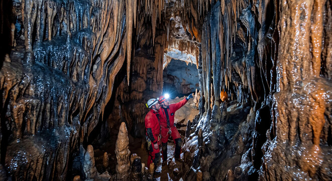 A caver spelunker exploring a deep dark underground cave cavern with a bright headlamp illuminating the rugged rocky walls on a thrilling adventure