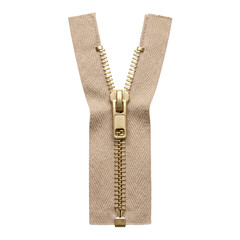Beige metal zipper with gold teeth and puller on a transparent background © OpaDesign