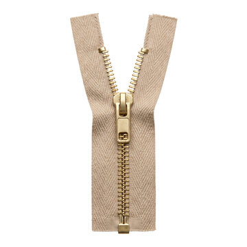 Beige metal zipper with gold teeth and puller on a transparent background