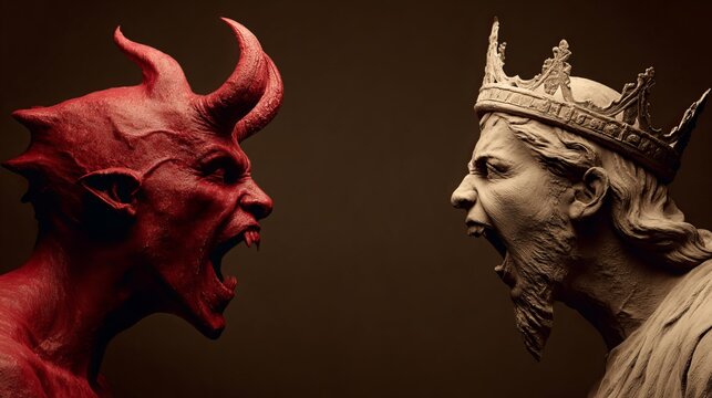 Dramatic sculpture depicting a demonic king with fierce expression, crowned, against a dark backdrop, concept for fantasy art