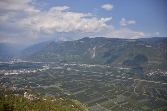 The Etschtal (Adige Valley) between Merano and Bolzano, covered by extensive areas of organic apple orchards&mdash;the region's flagship product.