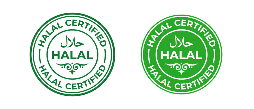 Halal certified food label, green round stamp with arabic calligraphy and english text, vector illustration