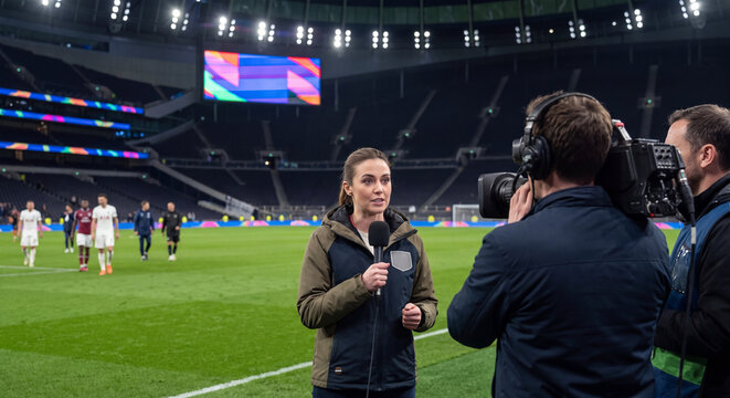 Television reporter holding microphone interviewing female soccer player on sports stadium field