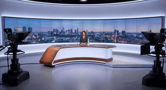 Empty modern television studio interior with curved desk and panoramic news broadcast display
