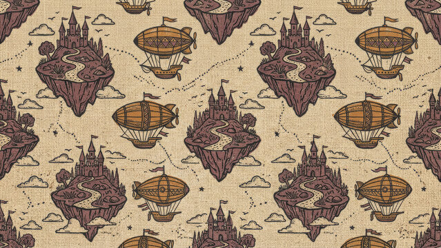 Seamless vintage block print pattern featuring surreal floating castles and steampunk airships in smoked mauve and honey amber on rustic linen.