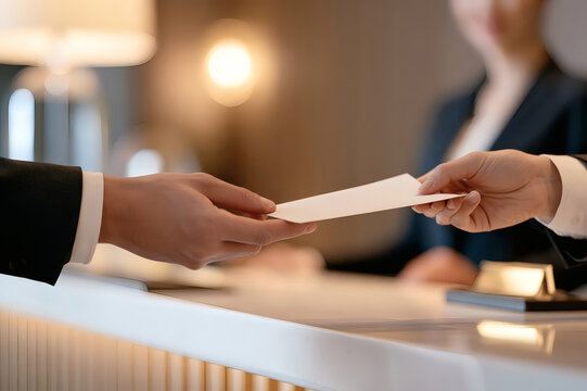 Closeup of hands exchanging a document at hotel reception desk. Professional staff delivering envelope to guest. Hospitality service concept.