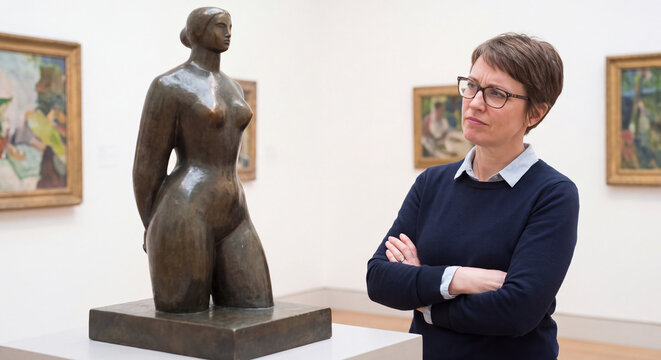 Art museum guide woman standing near bronze female sculpture in gallery room