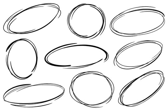Nine hand drawn black ink doodle ovals and sketchy circles set, grungy artistic scribbles and rough outlines isolated on transparent backgro
