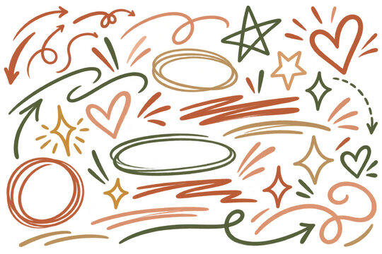 Set of whimsical pastel doodle design elements with arrows hearts stars and circles isolated on transparent background