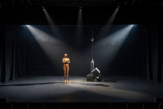 A wooden mannequin stands center stage under dramatic spotlights with abstract shapes. This image suggests theatrical performance, artistic concepts, or existential themes.