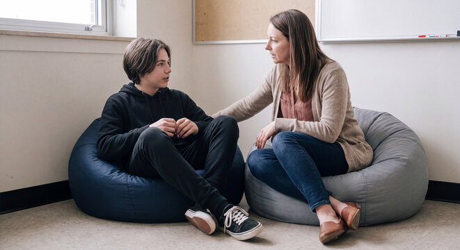 Mother talking with teenage son sitting on bean bag chairs in modern room