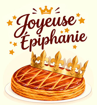 Joyeuse Epiphanie. Illustration d'une galette des Rois avec une couronne pos&eacute;e dessus.