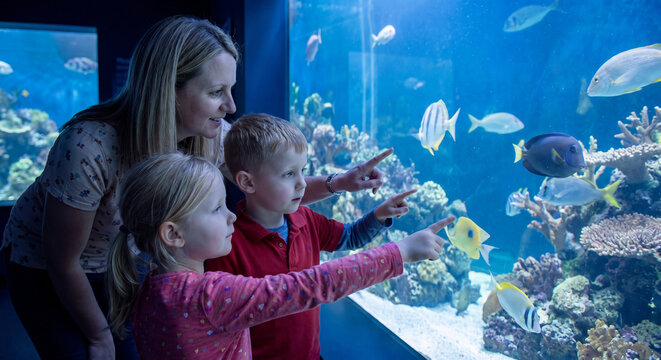 Mother and children observe colorful fish inside large aquarium tank during family museum visit
