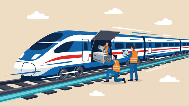 DevOps Engineers Performing Maintenance on High-Speed Bullet Train, Flat Vector Illustration of Continuous Integration and Zero Downtime Concept