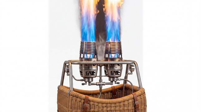 Balloon fiesta equipment featuring hot air balloon burner with flames