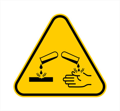 Corrosive hazard warning sign icon with chemical burn symbol. Workplace Safety sign for corrosive substances, chemical handling and laboratory protection