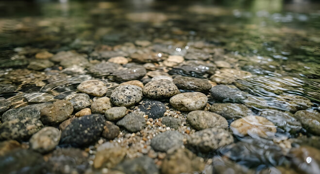 Close-up of smooth river rocks and pebbles under clear flowing water, showcasing natural textures and reflections in a tranquil stream bed