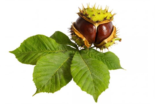 Fresh horse chestnut, glossy brown conker in green spiky husk with leaves