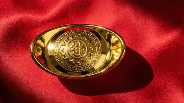 Golden sycee ingot lies on bright red silk fabric. Top view of shiny gold treasure for Chinese New Year. Symbol of wealth, luck, prosperity during Asian festival. Luxury metallic object on elegant