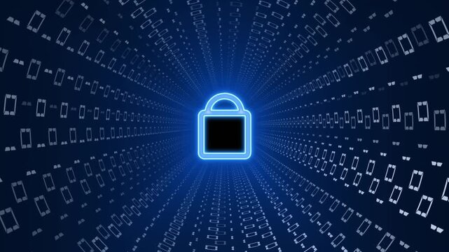 Padlock icon animation travels through a binary code cybersecurity tunnel. Encrypted data privacy protection confirms on padlock icon. Safe network authorization uses icon.