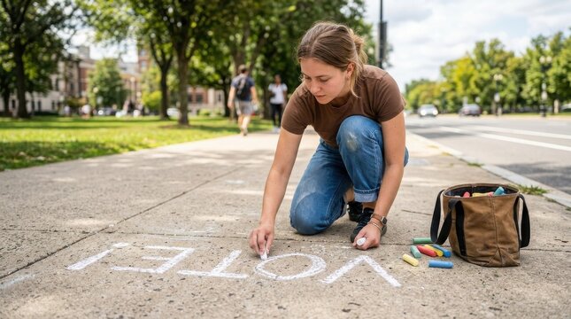 Woman writing voter on sidewalk , Election Law Justice And Democracy Concept.