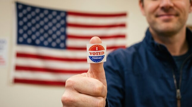 Man showing I voted today sticker , Election Law Justice And Democracy Concept.